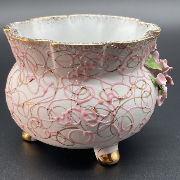 Vintage 3 Legged Lefton China Hand Painted Bowl/Planter Marked 50441 Gold Pink - Picture 3 of 9